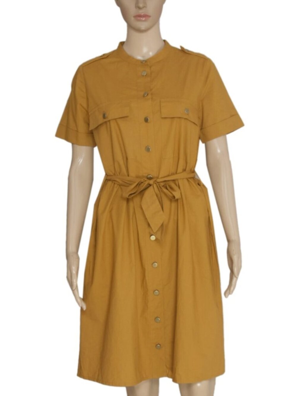 Anthropologie Buttondown Golden Short Sleeve Pocket Belted Mini Dress L